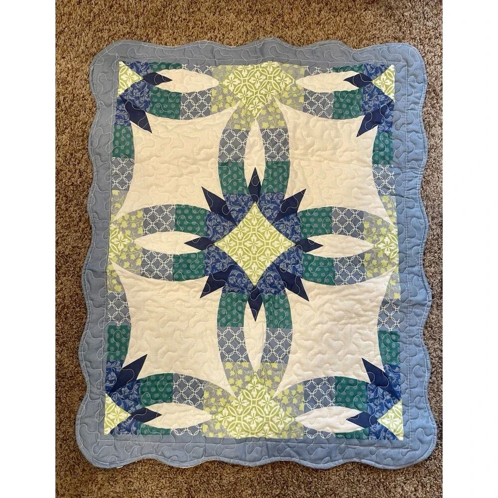 Quilted Double Wedding Ring Pillow Shams Blue Green Set of 2